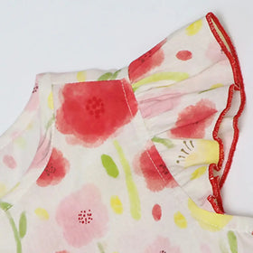 Girls Red Floral Print Tiered Dress With Flutter Sleeves Casual Dresses