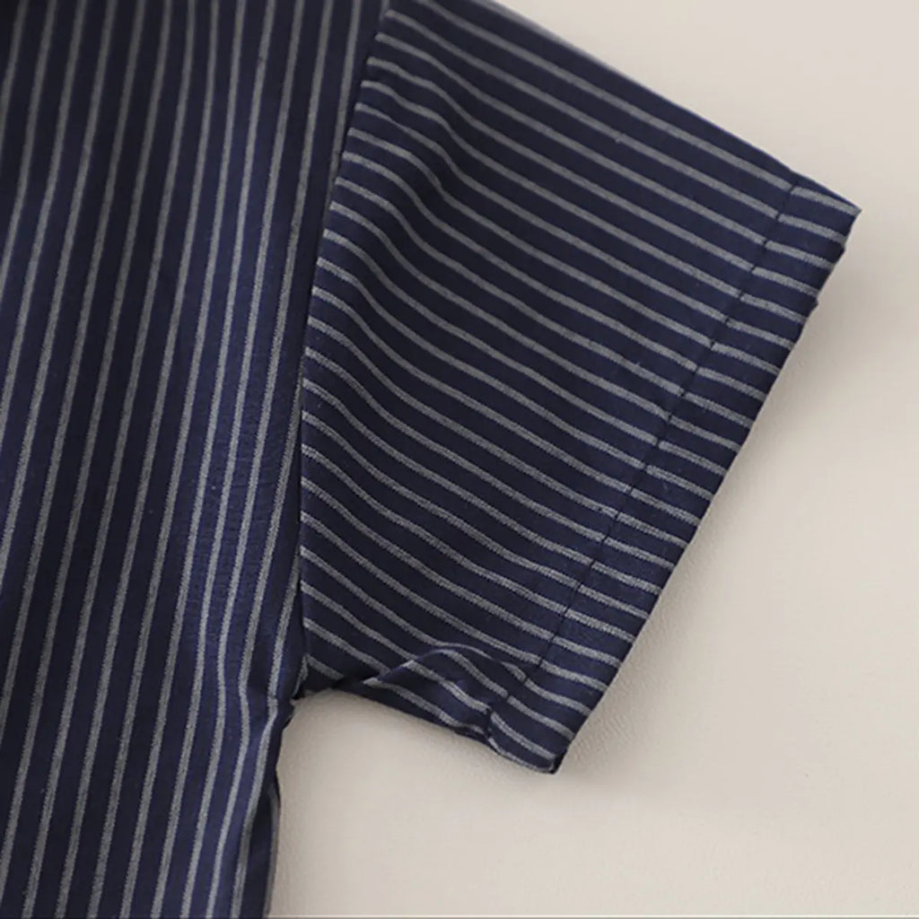 Boys Dark Blue Striped Button-Down Shirt With Shorts Sets Sets