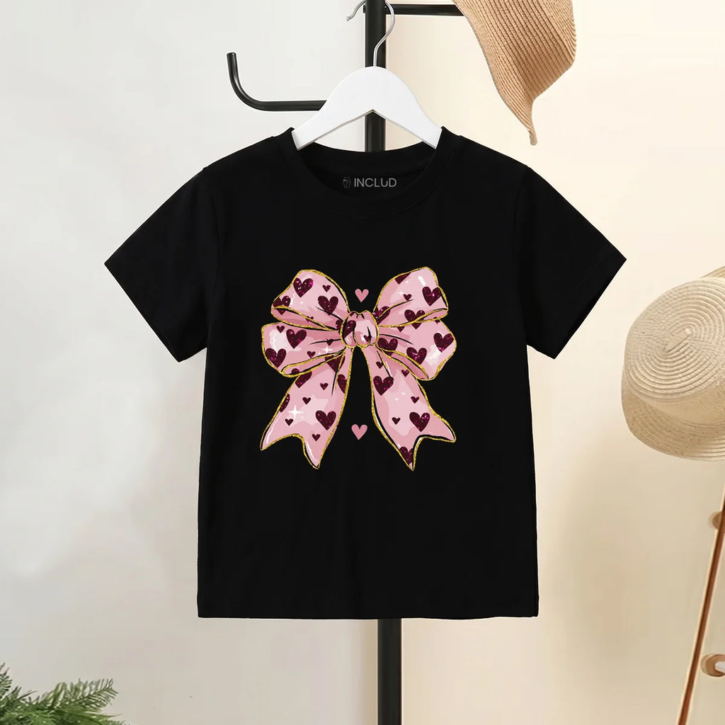 Girls Black Bow Graphic Short Sleeve T-Shirt Tshirts Black 2-3 Y