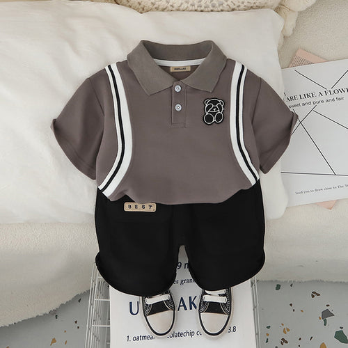 Boys Dark Grey Side Striped Short Sleeves Polo T-Shirt With Shorts set 2 pc. Sets Dark Grey 1-2 Y