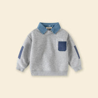Boys Grey Solid Sweatshirt With Detachable Shirt Collar Sweatshirts & Hoodies
