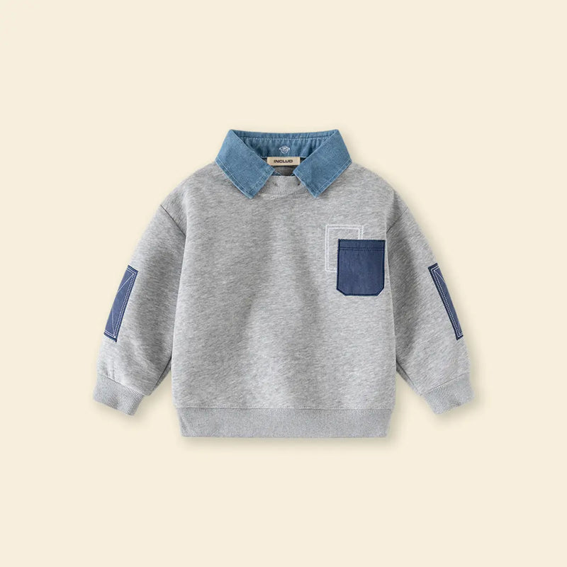Boys Grey Solid Sweatshirt With Detachable Shirt Collar Sweatshirts & Hoodies