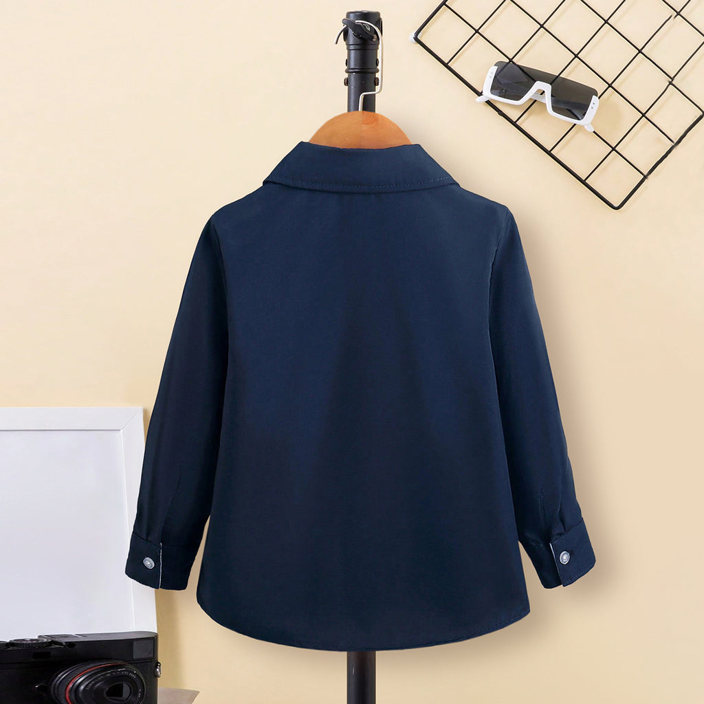 Boys Navy Blue Long Sleeves Contrast Inner Cuffs Shirt Shirts