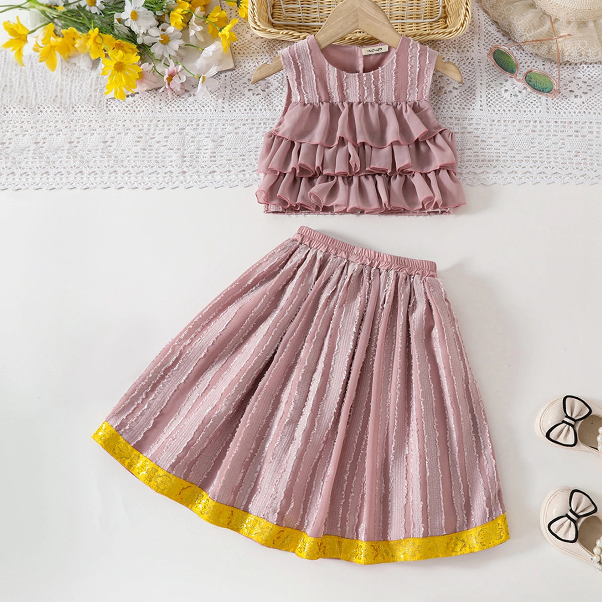 Girls Dusty Rose Self Stripes Ruffle Top With Skirts Set Sets Pink 3-4 Y