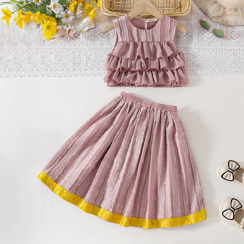 Girls Dusty Rose Self Stripes Ruffle Top With Skirts Set Sets Pink 3-4 Y