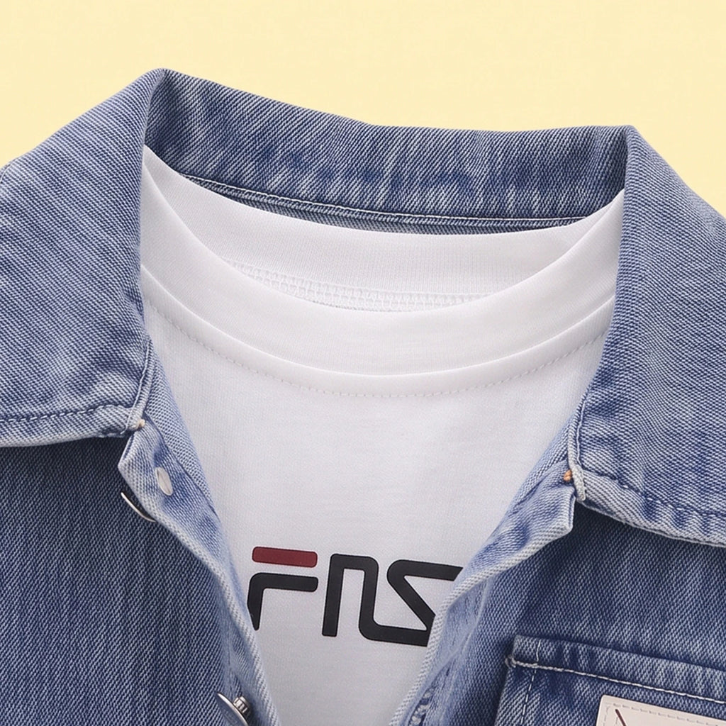 Boys Light Blue Denim Shacket & Cargo Pants With T-Shirt Sets Sets