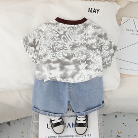 Boys Light Grey Abstract Printed Short Sleeves T-Shirt With Denim Shorts Set 2 pc. Sets