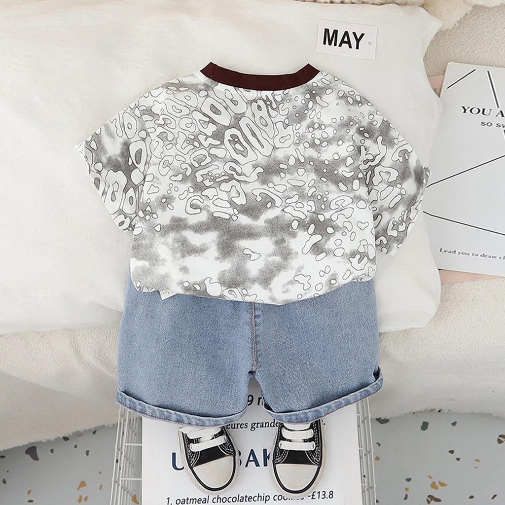 Boys Light Grey Abstract Printed Short Sleeves T-Shirt With Denim Shorts Set 2 pc. Sets