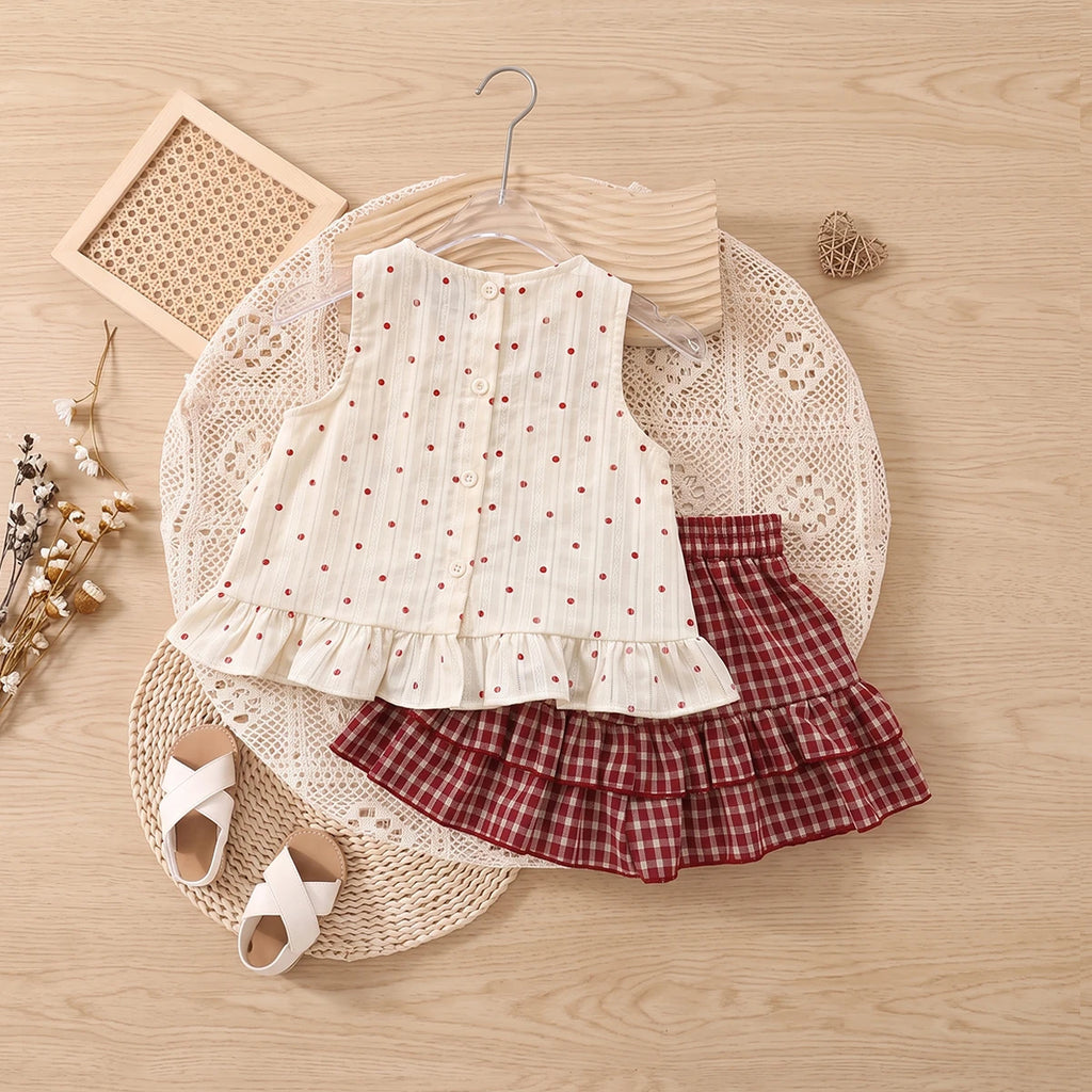 Girls Cream Polka Dot Print Sleeveless Top With Skirt Sets 2 pc. Sets