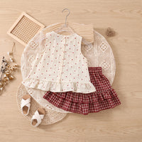 Girls Cream Polka Dot Print Sleeveless Top With Skirt Sets 2 pc. Sets