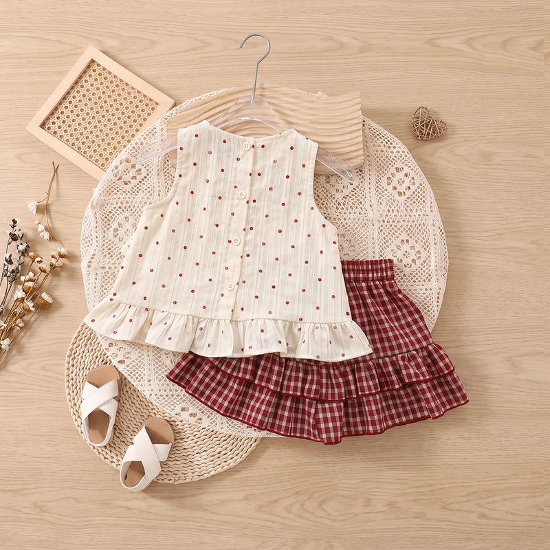 Girls Cream Polka Dot Print Sleeveless Top With Skirt Sets 2 pc. Sets