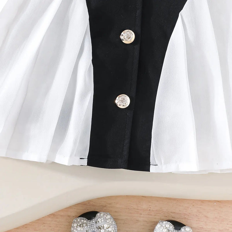 Girls Black Puff Sleeves Pleated Fit And Flare Dress Casual Dresses