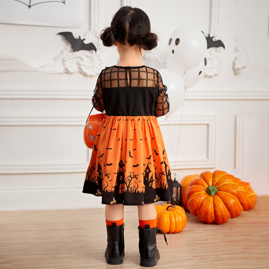 Girls Orange-Black Full Sleeves Halloween Costume Dress Casual Dresses
