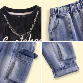 Boys Black Typography Sweatshirt With Denim Pants Sets 2 pc. Sets