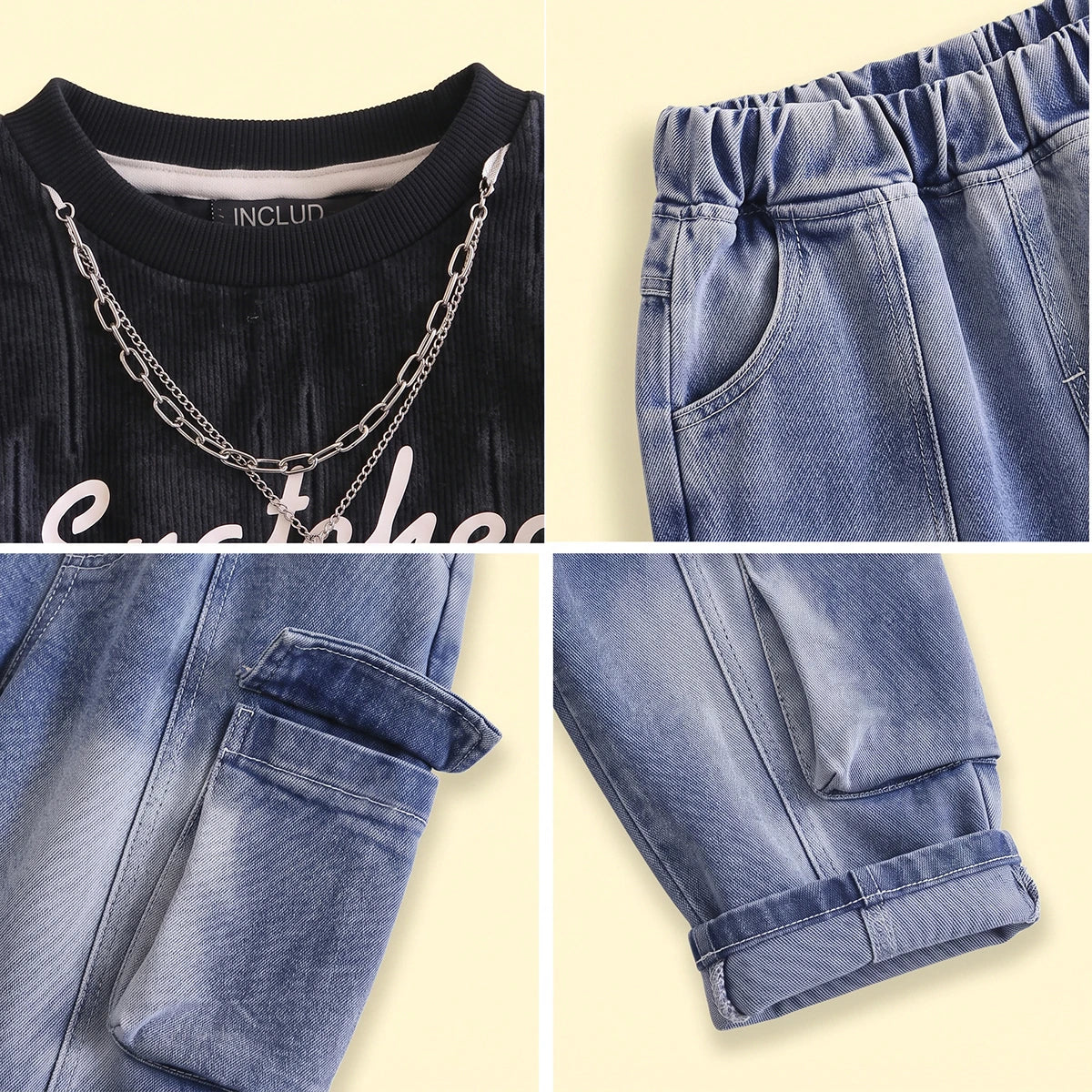 Boys Black Typography Sweatshirt With Denim Pants Sets 2 pc. Sets