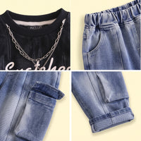 Boys Black Typography Sweatshirt With Denim Pants Sets 2 pc. Sets