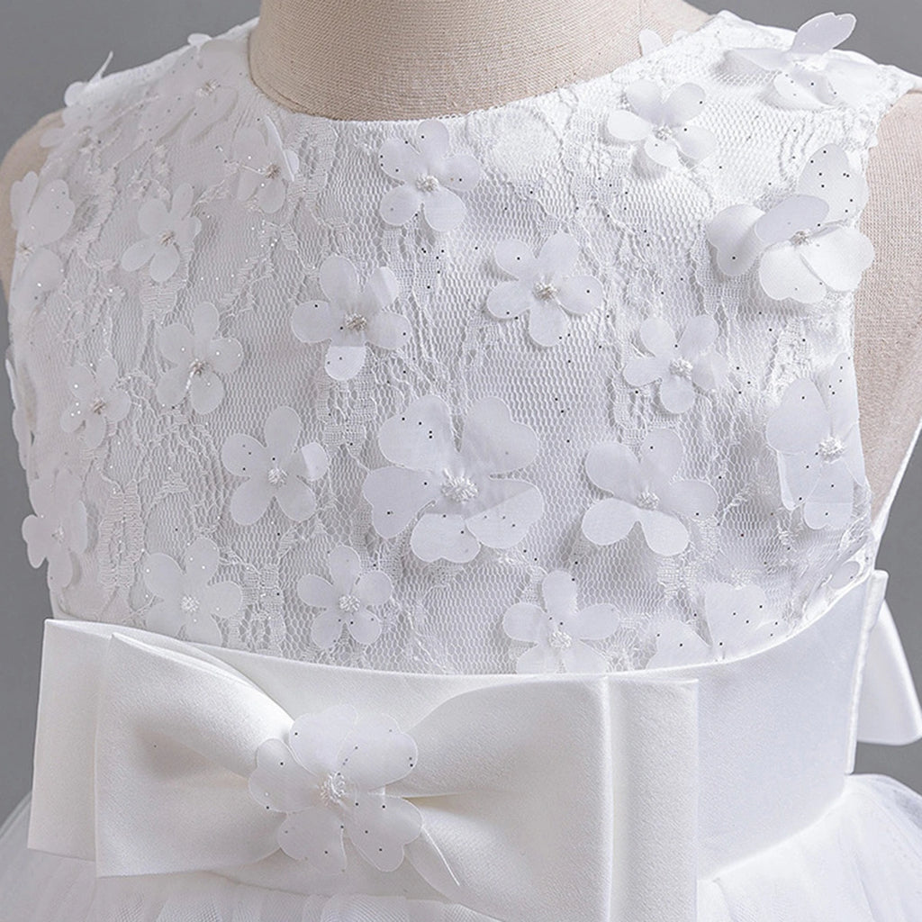 Girls White Floral Applique Sleeveless Tutu Party Wear Dress Party Dresses
