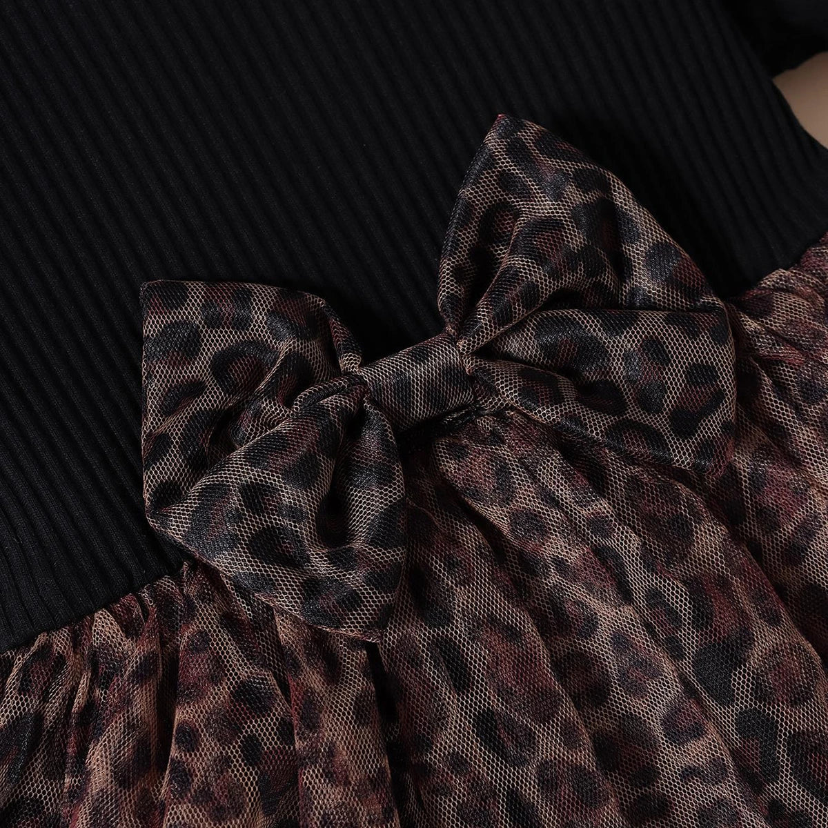 Girls Black Leopard Print Short Sleeve Fit & Flare Dress Casual Dresses