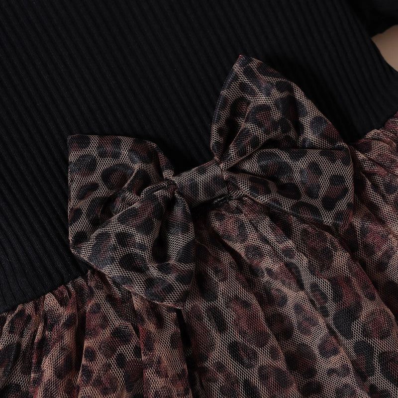 Girls Black Leopard Print Short Sleeve Fit & Flare Dress Casual Dresses