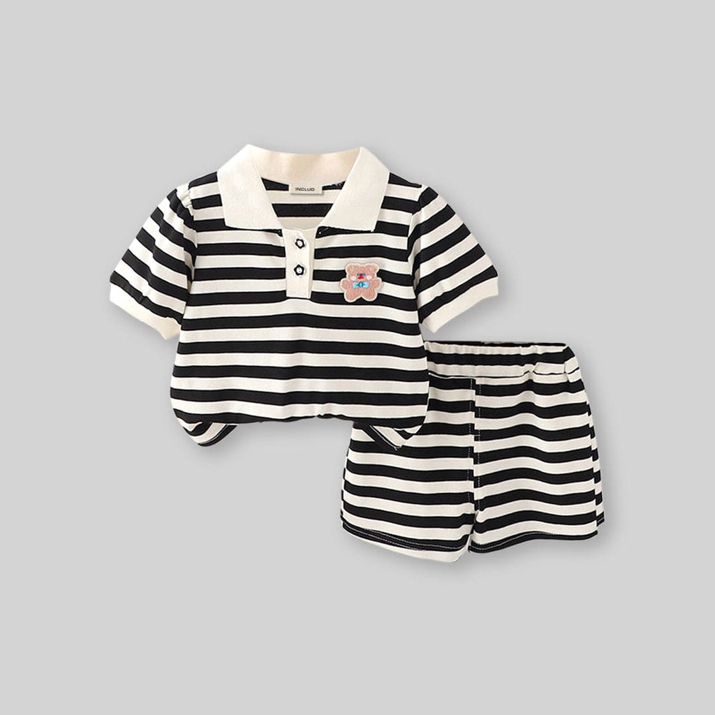 Girls Striped Polo T-shirt with Shorts Set