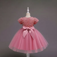 Girls Pink Puff Sleeve Sequins Embellished Fit & Flare Party Wear Dress Party Dresses
