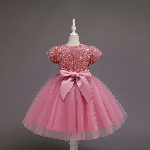 Girls Pink Puff Sleeve Sequins Embellished Fit & Flare Party Wear Dress Party Dresses