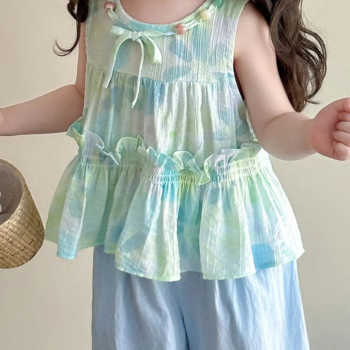 Girls Light Green Ruffle Peplum Top With Crop Pants Sets Sets