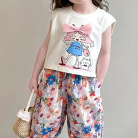 Girls Off White Sleeveless Graphic Top With Floral Pants Sets Sets
