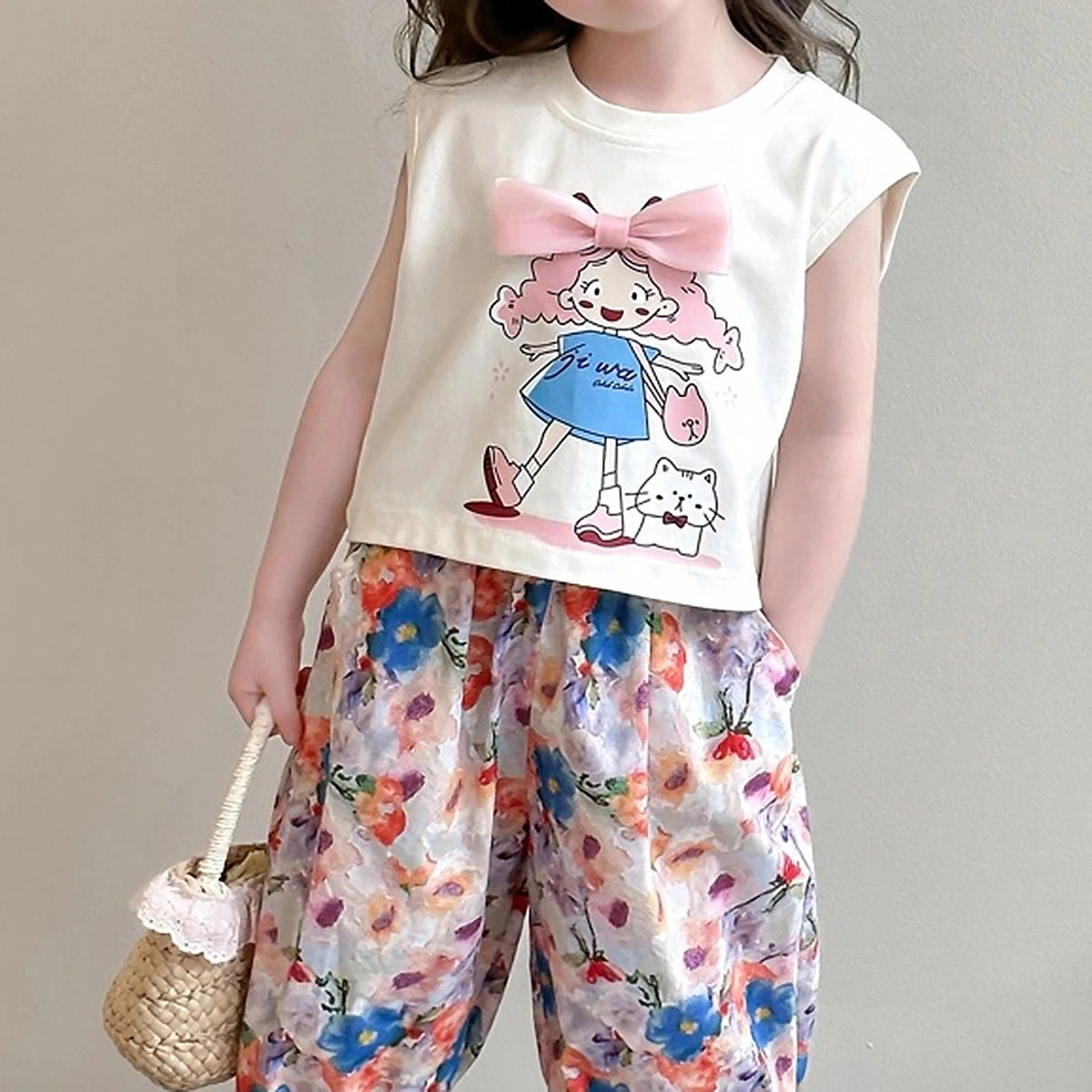 Girls Off White Sleeveless Graphic Top With Floral Pants Sets Sets