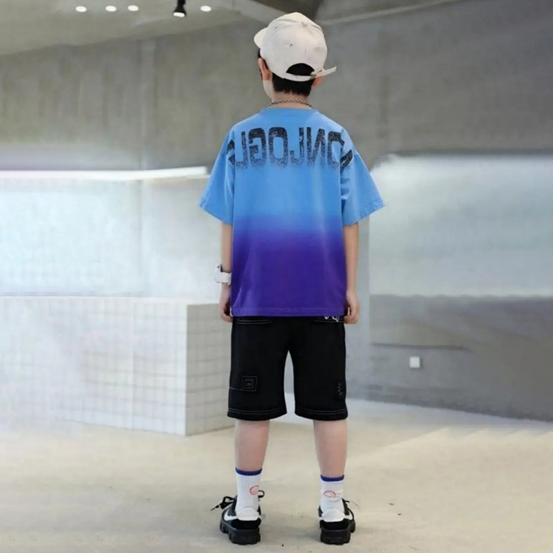 Boys Blue Graphics Short Sleeves T-Shirt With Shorts Set Sets