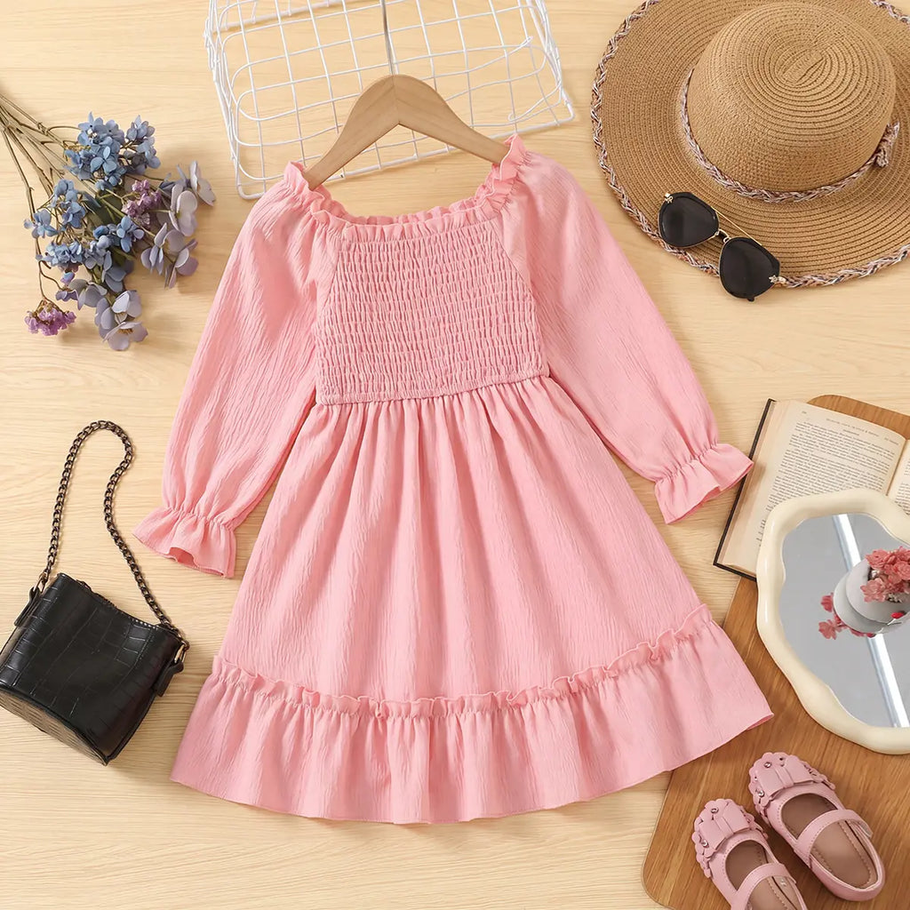 Girls Pink Smocked Yoke Puff Sleeve High-Low Dress Casual Dresses