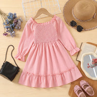 Girls Pink Smocked Yoke Puff Sleeve High-Low Dress Casual Dresses