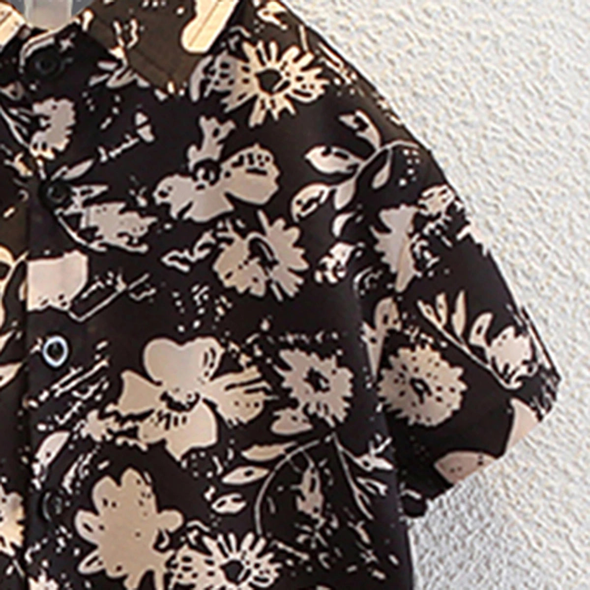 Boys Black Floral Print Button-Down Shirt With Shorts Set Sets