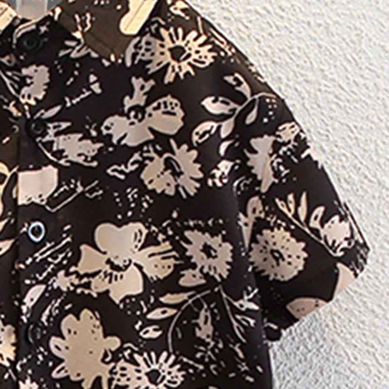 Boys Black Floral Print Button-Down Shirt With Shorts Set Sets