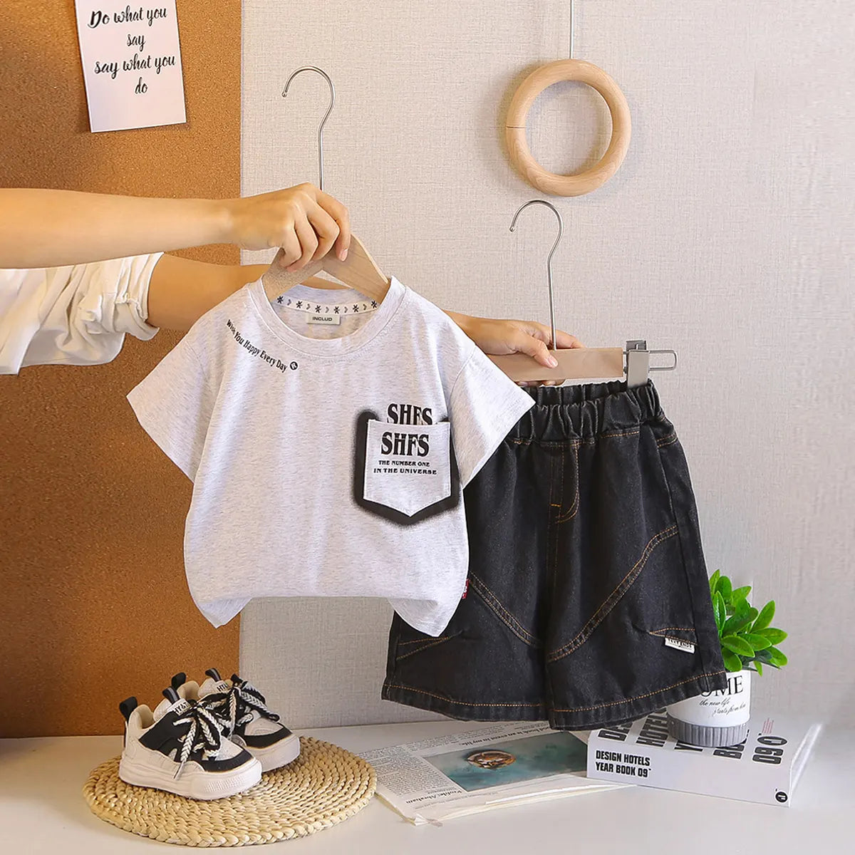 Boys Light Grey Typographic Printed T-Shirt With Denim Shorts Sets Sets Light Grey 1-2 Y