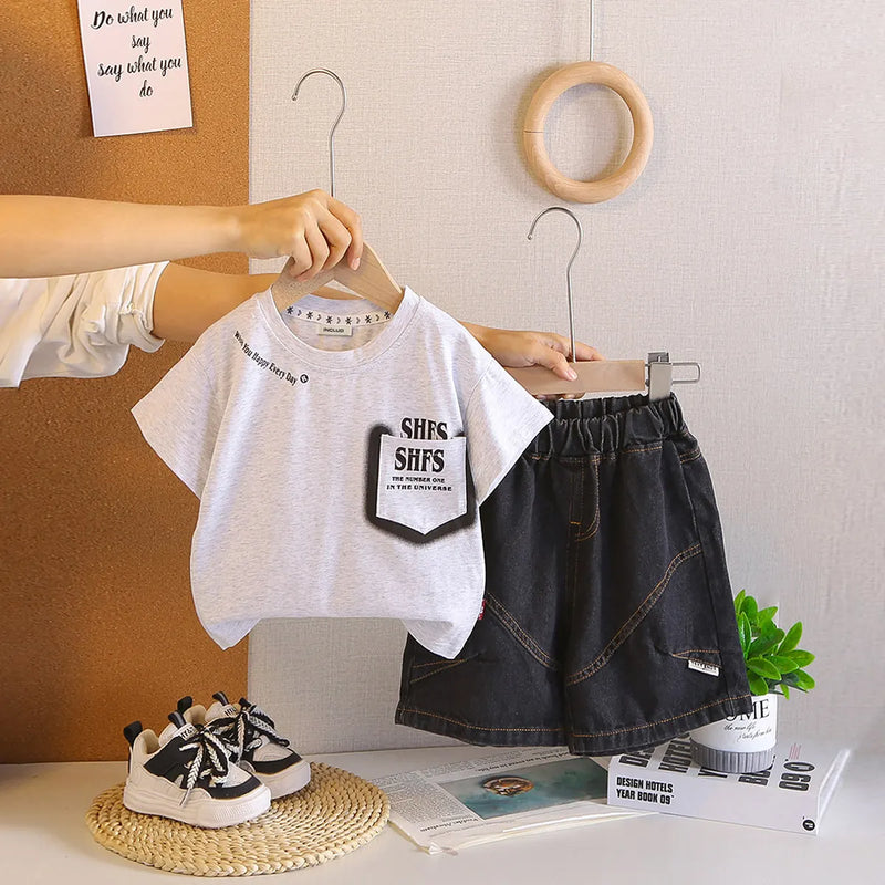 Boys Light Grey Typographic Printed T-Shirt With Denim Shorts Sets Sets Light Grey 1-2 Y