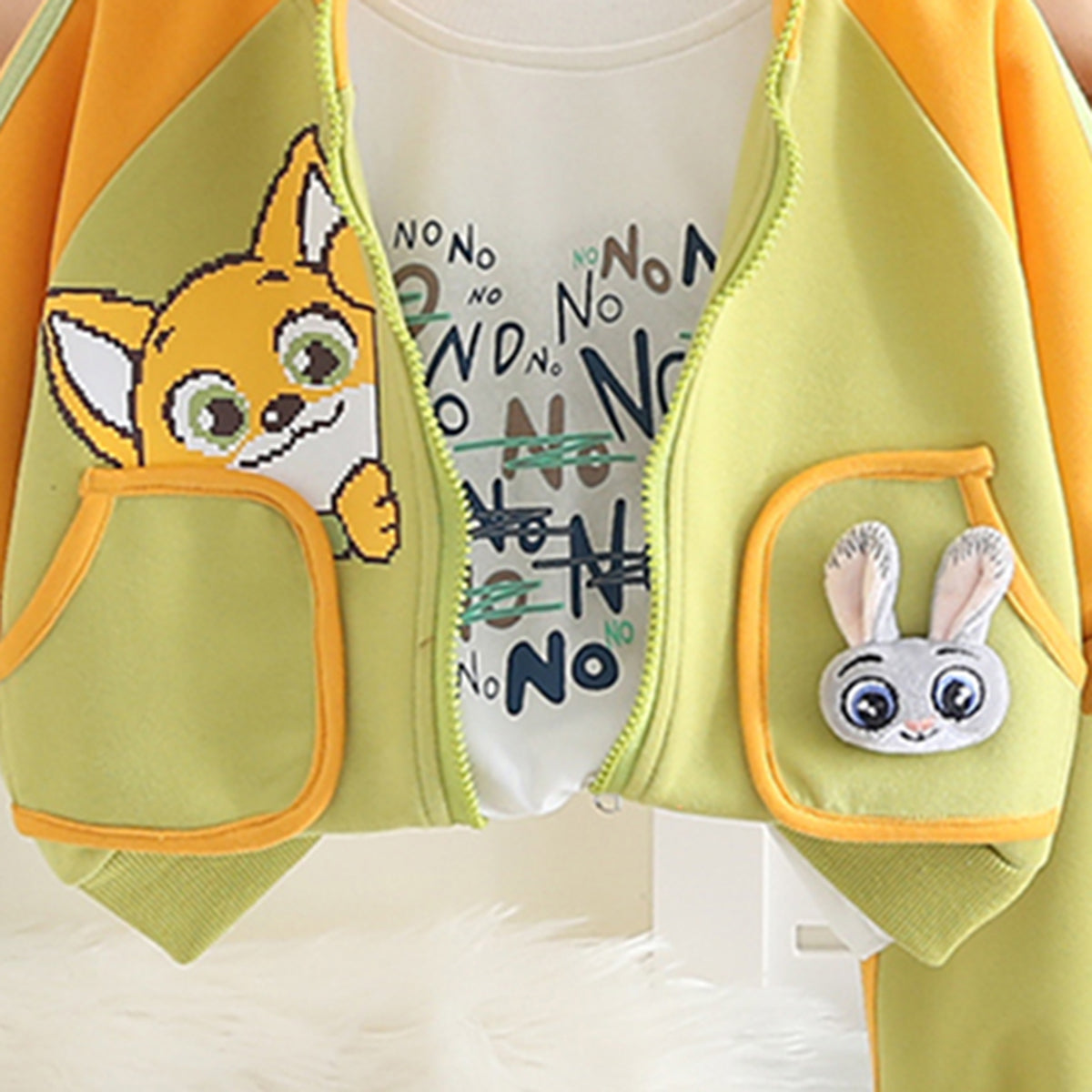 Boys Green Rabbit Printed Jacket With T-Shirt & Joggers Set Sets