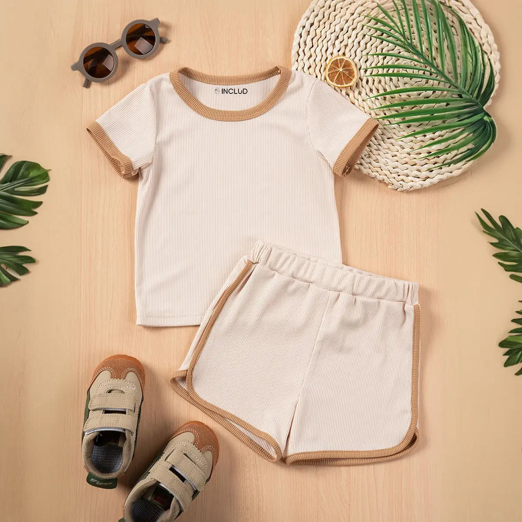 Girls Beige Ribbed Contrast Trims T-Shirt & Shorts Co-ord Sets Sets Beige 1-2 Y