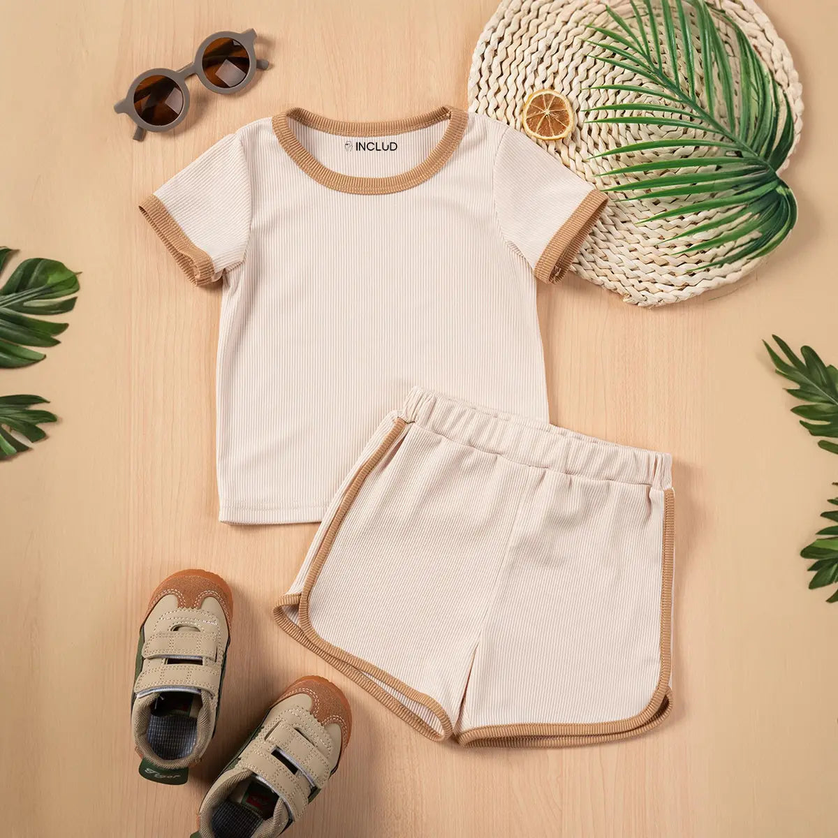 Girls Beige Ribbed Contrast Trims T-Shirt & Shorts Co-ord Sets Sets Beige 1-2 Y