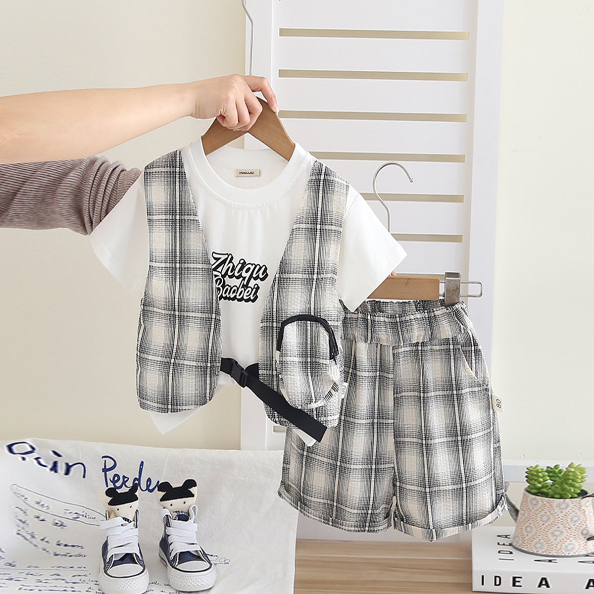 Boys Grey Checked Mock Waistcoat T-Shirt With Shorts Set 2 pc. Sets Grey 1-2 Y