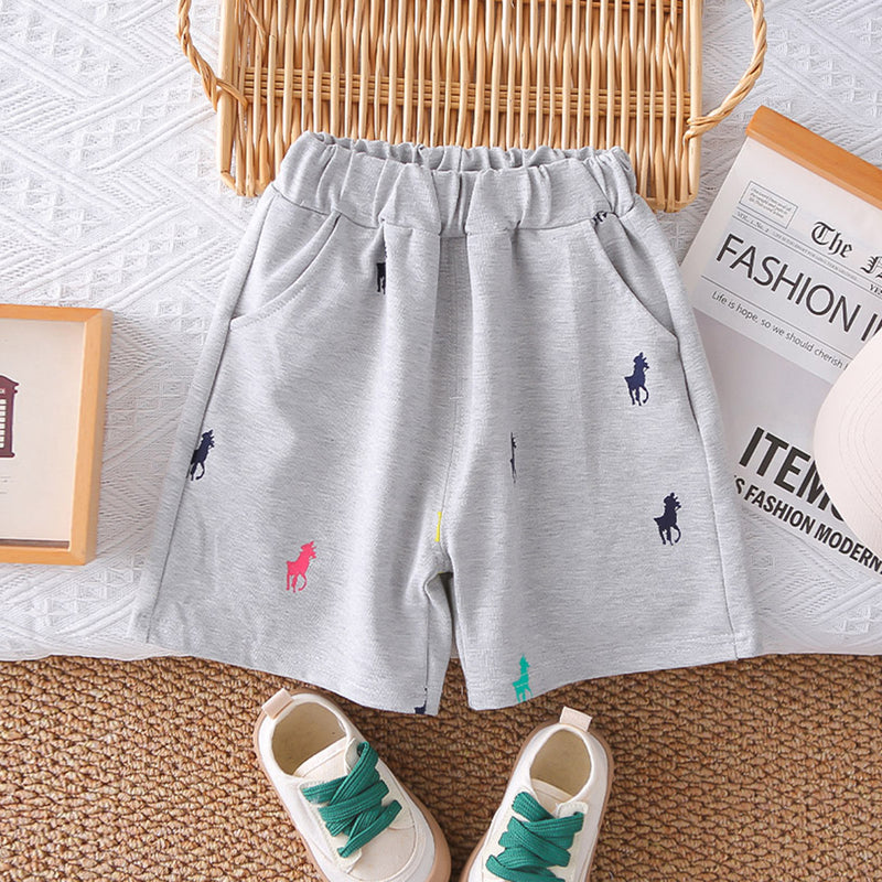 Boys Grey Horse Printed Polo T-Shirt With Shorts Set 2 pc. Sets
