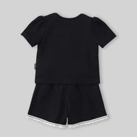 Girls Black Lace Yoke Short Sleeve Top With Elasticated Shorts Sets Sets