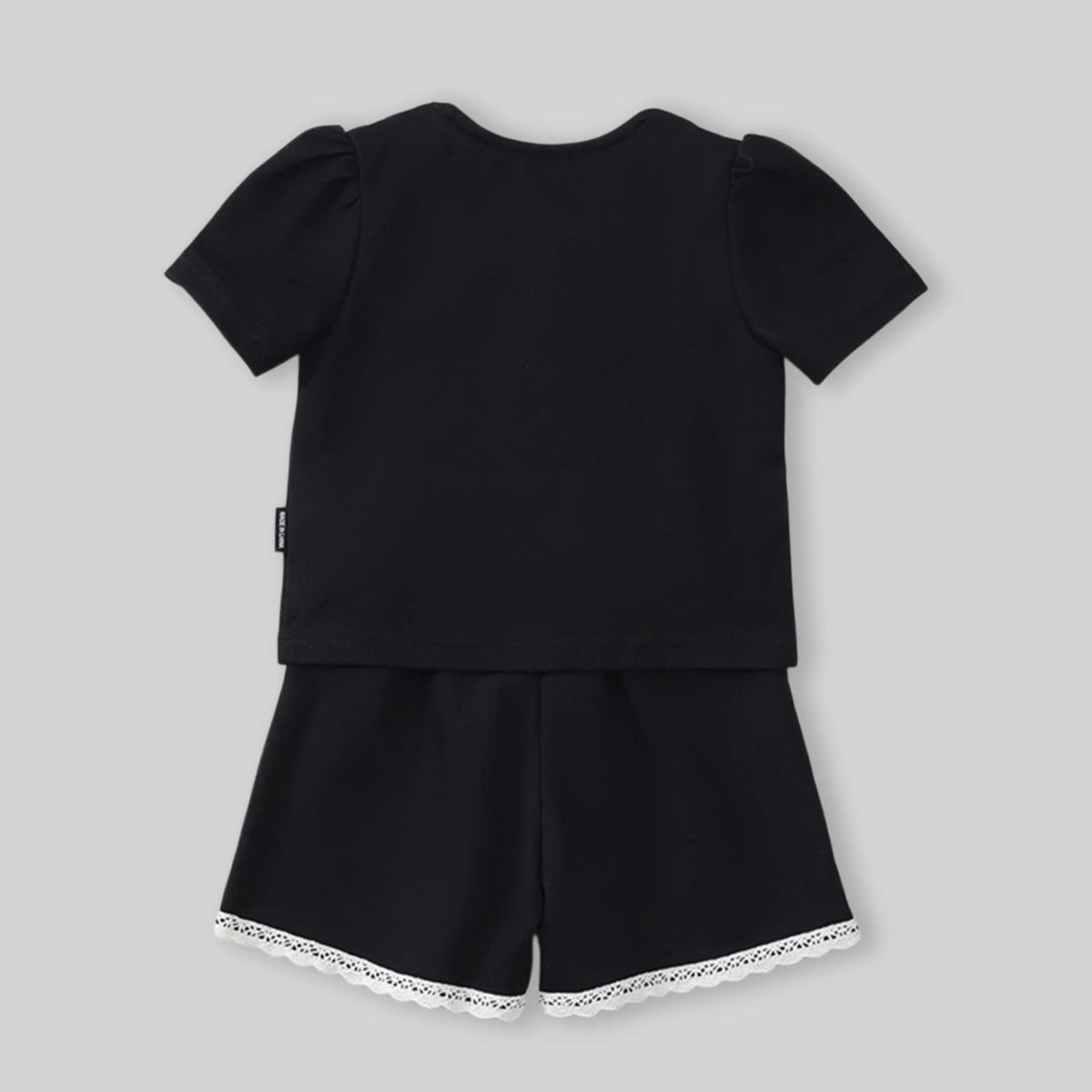 Girls Black Lace Yoke Short Sleeve Top With Elasticated Shorts Sets Sets