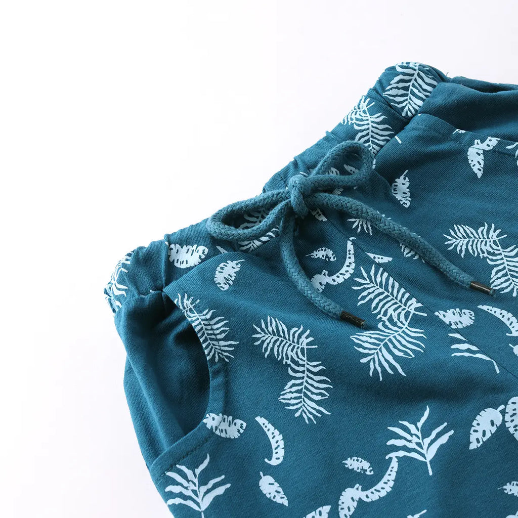Boys Sky Blue Typographic Printed Short Sleeves T-Shirt With Pinted Drawstring Shorts Sets Sets