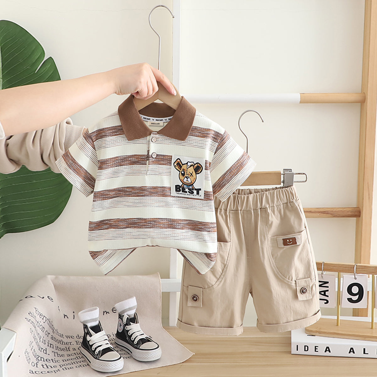 Boys Brown Striped Polo T-shirt with Khaki Shorts Set Sets Brown 1-2 Y