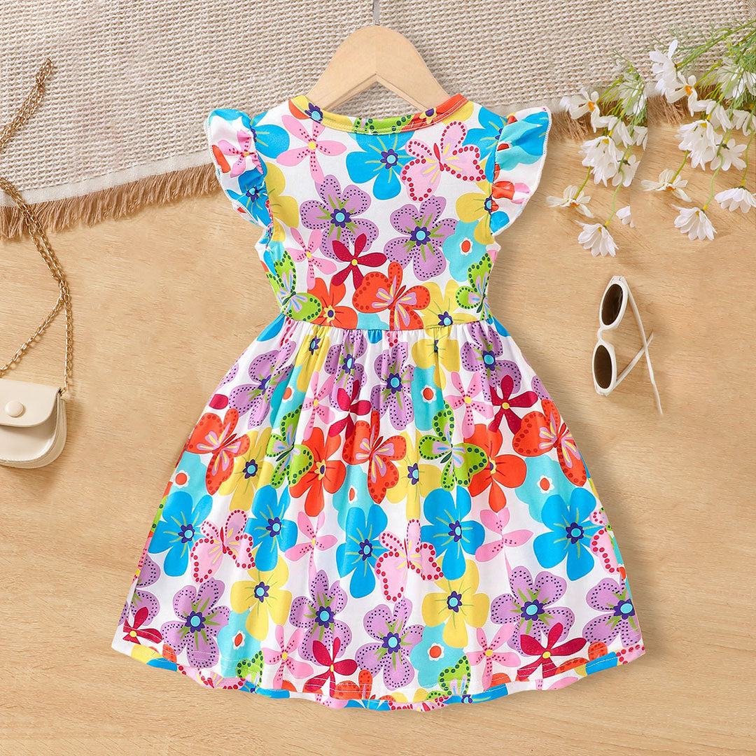 Girls Multicolor Floral Print Flared Sleeve Fit & Flare Dress Casual Dresses