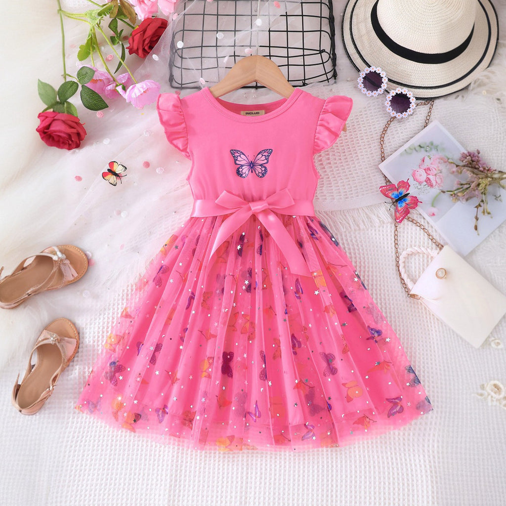 Girls Pink Butterfly Printed Short Sleeve Fit & Flare Dress Casual Dresses Pink 6-7 Y