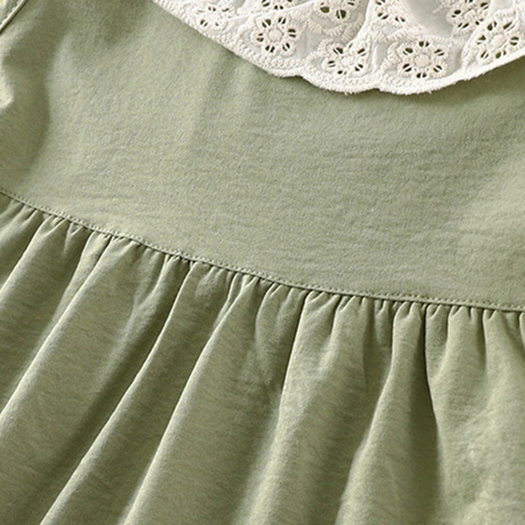 Girls Light Green Sleeveless Fit & Flare Dress With Lace Hem Casual Dresses