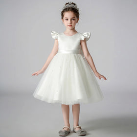 Girls Off White Pearl-Embellished Flutter Sleeve Fit & Flare Dress Casual Dresses Off White 2-3 Y
