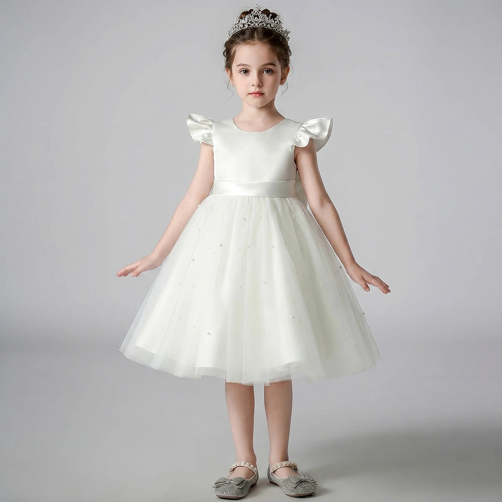 Girls Off White Pearl-Embellished Flutter Sleeve Fit & Flare Dress Casual Dresses Off White 2-3 Y